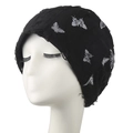 Gorro de punto negro con bordado de mariposas y detalles vintage desgastados - Adulto / Negro