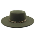 Chapeau en feutre de laine vert olive à bord large avec ruban imprimé léopard chic - M (56-58cm) / Vert Militaire