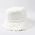 Close-up of white canvas bucket hat featuring vintage frayed edges and fringe detail - White