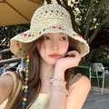 Women's cream-colored woven straw hat with colorful beads and matching lanyard - Colorful Rope Beige