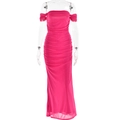 Detail of fuchsia off-shoulder dress with ruched mesh fabric and a slimming backless fit - S / Rose Red