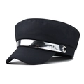 Detail view of black baker boy hat featuring a silver metal band with M letter embossing - L(58-60cm) / Navy Blue (Silver Metal M Logo)