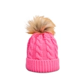 Detail of pink cable knit beanie featuring thick texture and a soft faux fur pom-pom - M (56-58cm) / Rose Pink