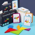 Colorful wooden tangram puzzle set for kids with challenge cards and storage box - 7 Colored Wood Blocks + 60 Double-Sided Cards + Manual + Color Box