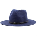 Classic navy blue woven straw fedora hat with decorative brown leather band and metal buckle - Navy Blue