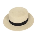 Dettaglio cappello di paglia beige con nastro nero largo e trama intrecciata rifinita - M (56-58cm) / Beige (Cima Piatta Cinturino Quadrato)