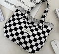 Black and white checkerboard canvas tote bag with elegant black lace trim decoration - Black & White Checkerboard