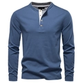 Men's navy blue long sleeve Henley shirt with white contrast placket and four buttons - S / Denim Blue
