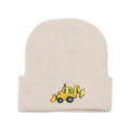 Close-up of cream knit beanie featuring detailed yellow excavator embroidery for kids - M(52-54cm) / Beige