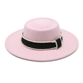 Detail of light pink wool felt hat with black grosgrain ribbon and pearl bead trim - Pink