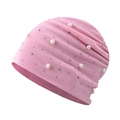 Close-up of pink knitted beanie with delicate white pearls and sparkling rhinestones - Pearl Decor / Pink
