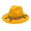 Close-up of yellow wool fedora hat with ethnic geometric ribbon and colorful tassels - M (56-58cm) / Yellow