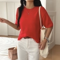 Women's casual short sleeve red knit sweater paired with white jeans for summer - S / Red