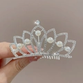 Elegant silver princess crown hair comb with sparkling rhinestones and white pearls - Diamond Pearl Crown Hair Comb