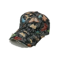 Détail de la broderie jacquard papillon colorée et du bord usé sur la casquette noire - M (56-58cm) / Papillon Noir Texture Profonde