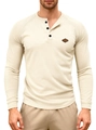 Men's waffle knit long sleeve henley shirt in beige featuring chest patch detail - Apricot