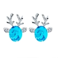 Silver reindeer stud earrings featuring a vibrant oval sky blue gemstone accent - A138-38 Lake Blue Reindeer Crystal
