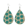 Detail of teardrop leather earrings featuring green floral patterns and silver ear hooks - Beige Botanical Floral Print