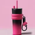 Pink gradient 710ml stainless steel tumbler with straw and wavy silicone sleeve - Gradient Red With Pendant