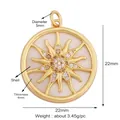 Golden sun-shaped charm pendant with white shell inlay and central zircon crystal - Sun Disc White Shell Inlay