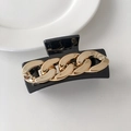 Square black hair claw clip featuring a bold golden metal chain links design - Quad Oval-Black Gold-8cm