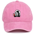 Close-up of Grim Reaper embroidery on pink washed cotton baseball cap with a red cup - Pink
