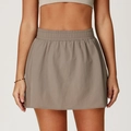 Women's athletic tennis skort in khaki beige with a high-waisted elastic ruched waistband - S / Warm Taupe