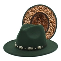Dark green wool fedora with black leather belt, metal buckle and leopard print lining - M (56-58cm) / Dark Green