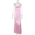 Detail of pink satin maxi dress featuring a draped cowl neck and gold metal chain strap - S / Pink