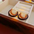 French vintage C-shaped earrings with brown and orange enamel in gold metal finish - Silver Needle - Double Ring Brown