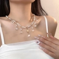 Elegant pearl choker necklace with gold beads and transparent bell charms on a model - 5703714174763 / Pearl Tassel Pendant Necklace (X3624) / Pearl White