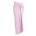 Elegant lavender high-waist maxi dress with front knot detail and side slit design - One Size / Skirts / Pink
