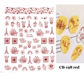 Detail of red 3D nail stickers showing heart and Eiffel Tower designs on nails - CB-198 Eiffel Tower Unicorn Style (CB-198) / Red