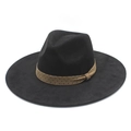 Classic wide brim black suede fedora hat with brown polka dot ribbon and stylish knot detail - Black (Suede)