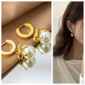 Titanium steel gold bow pearl hoop earrings for women with elegant drop pendant style - 24# Bowknot Hoop Pearl