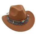 Detail of brown fedora hat featuring bohemian tassel band and turquoise stone accent - Khaki