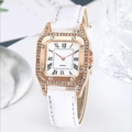 Detail of rose gold square watch case with crystal bezel and white leather strap - Square Quartz Watch / White