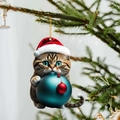 Funny acrylic cat ornament wearing a red Santa hat on a Christmas tree branch - Cat 6