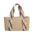 Beige geflochtene Stroh-Tragetasche mit braun-weißem Fischgrätenmuster-Griffen - Groß / Khaki