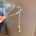 U-shaped hair fork featuring bamboo green accents and long golden tassel pendant - Aa0143 U-shaped Bamboo Tassel - Gold
