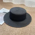 Classic black satin boater hat with wide ribbon detail for summer sun protection - M / Black with Black Ribbon
