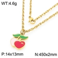 Collana dorata in acciaio inossidabile con ciondolo a ciliegia in smalto rosso e rosa e foglie verdi - Collana Foglia Verde Ciliegia Smalto Colorato (KN293004-Z)