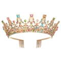 Detailed close-up of golden crown with colorful gems and side combs for secure fit - Opal Mixed Colors