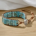 Bohemian leather wrap bracelet featuring blue emperor stone and a silver tree of life clasp - Turquoise Rectangular Stone/Relief Tree Button