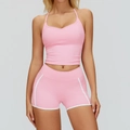 Ensemble de yoga rose avec haut licou et short à liseré blanc pour fitness et course - S / Débardeur + Short / Rose Sakura