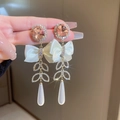 Elegant gold bow earrings with champagne crystals and long pearl drops for women - 36# Silver Earring Post - Beige (Bowknot Teardrop)