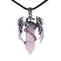 Pendentif dragon enroulé avec cristal de quartz rose naturel et cordon ciré noir - Collier Quartz Rose (avec cordon)