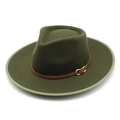 Classic dark green wool fedora hat with brown leather band and gold metal buckle detail - M (56-58cm) / Army Green