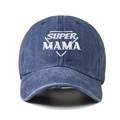 Close-up of white Super Mama embroidery on a washed navy blue cotton baseball cap - One Size / Navy Blue
