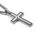 Silver stainless steel cross pendant necklace with black trim and box chain for men - Steel